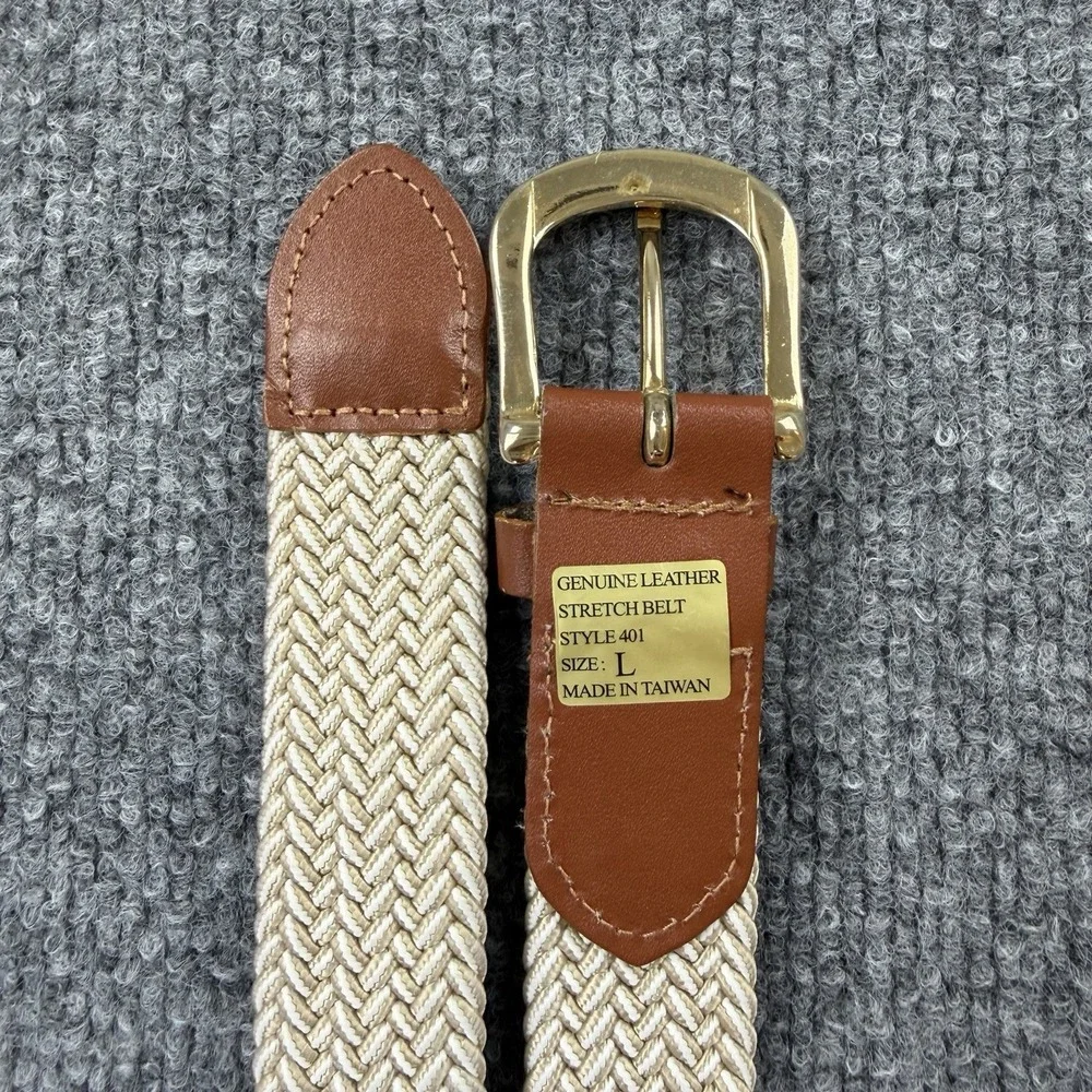 Beige Woven Stretch Belt Genuine Leather Trim Gold Buckle‎ Size L NWOT